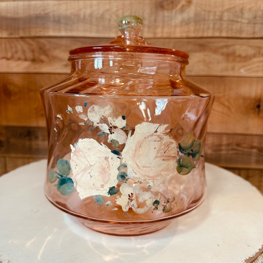 Pink Swirl Depression Glass Cookie Jar Bartlett Collins Hand Painted Glass